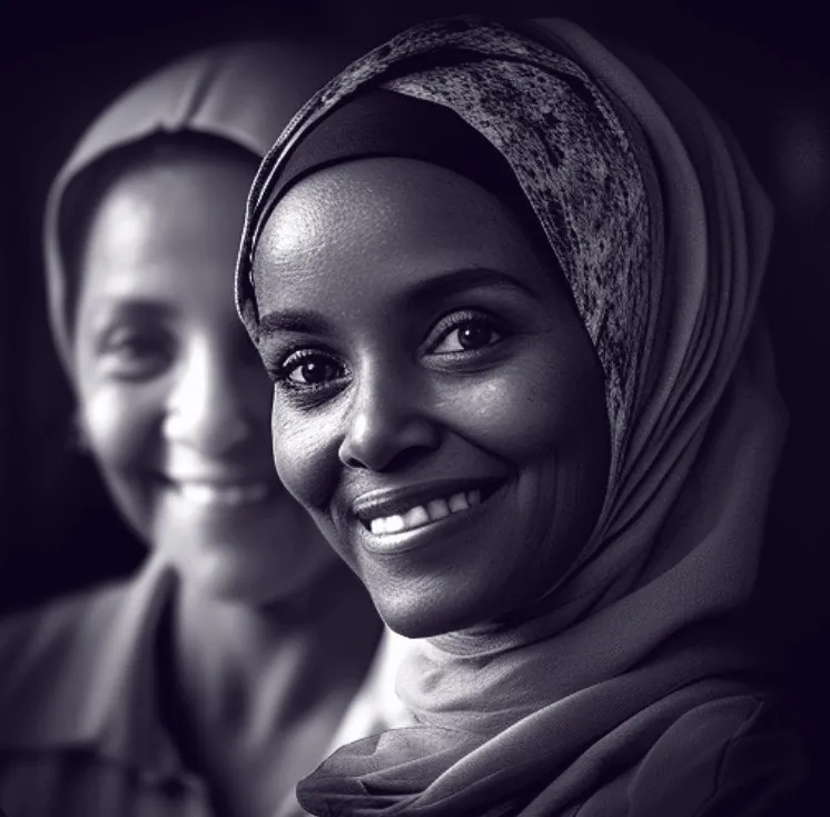 A smiling woman in a headscarf, with another smiling woman behind her